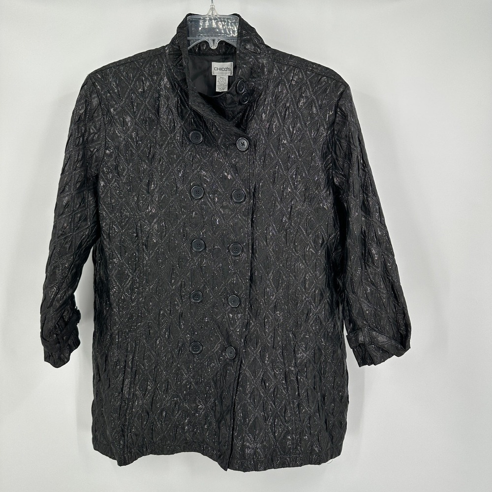 Chicos Womens Metallic Double Breasted Jacket Size 3 US XL Mock Neck Minimalist